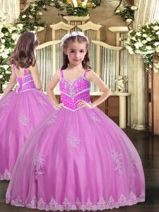 Dramatic Sleeveless Tulle Floor Length Lace Up Pageant Gowns For Girls in Lilac with Appliques