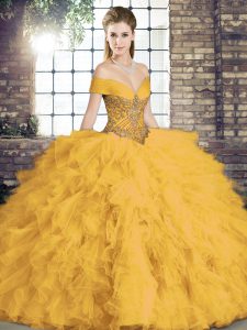Edgy Floor Length Gold Quinceanera Gowns Off The Shoulder Sleeveless Lace Up