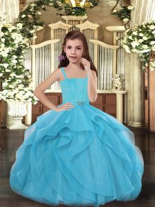 Hot Sale Blue Tulle Lace Up Straps Sleeveless Floor Length Pageant Gowns For Girls Ruffles