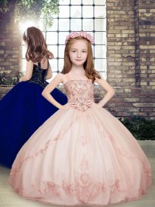  Pink Straps Neckline Beading Little Girls Pageant Dress Wholesale Sleeveless Lace Up
