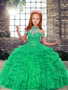 Perfect High-neck Sleeveless Little Girls Pageant Gowns Floor Length Beading and Ruffles Turquoise Tulle
