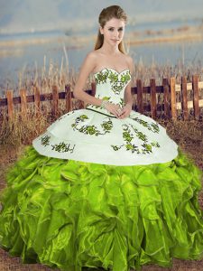 Trendy Sleeveless Floor Length Embroidery and Ruffles and Bowknot Lace Up Quinceanera Dress with Olive Green