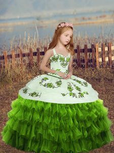  Green Sleeveless Embroidery and Ruffled Layers Floor Length Little Girl Pageant Dress