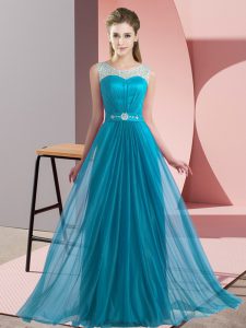  Floor Length Lace Up Quinceanera Court of Honor Dress Teal for Wedding Party with Beading