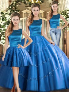  Floor Length Lace Up Ball Gown Prom Dress Blue for Military Ball and Sweet 16 and Quinceanera with Appliques