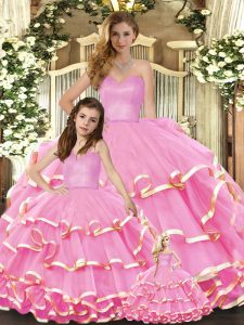 Cute Rose Pink Sleeveless Floor Length Ruffled Layers Lace Up Quinceanera Dresses