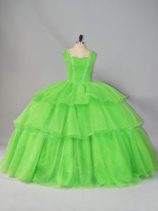 Glittering Ball Gowns Organza Straps Sleeveless Beading and Ruffled Layers and Ruching Floor Length Lace Up 15th Birthday Dress