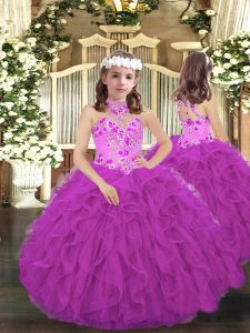 Floor Length Purple Child Pageant Dress Halter Top Sleeveless Lace Up
