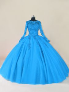 Great Scalloped Long Sleeves Ball Gown Prom Dress Floor Length Lace and Appliques Blue Tulle