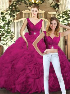 Admirable Fabric With Rolling Flowers V-neck Sleeveless Backless Beading 15th Birthday Dress in Fuchsia