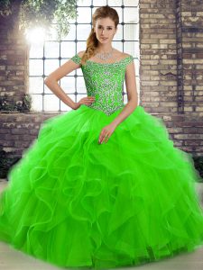 Glamorous Off The Shoulder Sleeveless Tulle Quinceanera Gown Beading and Ruffles Brush Train Lace Up