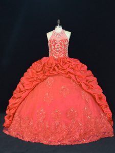  Floor Length Lace Up Quinceanera Dresses Red for Sweet 16 and Quinceanera with Beading and Appliques and Embroidery