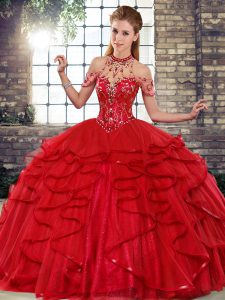 Fitting Red Ball Gowns Halter Top Sleeveless Tulle Floor Length Lace Up Beading and Ruffles Quinceanera Dresses