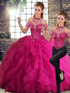  Halter Top Sleeveless Lace Up 15 Quinceanera Dress Fuchsia Tulle