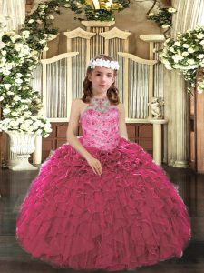 Admirable Hot Pink Kids Pageant Dress Prom and Sweet 16 and Wedding Party with Beading and Ruffles Halter Top Sleeveless Lace Up
