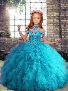  Floor Length Lace Up Kids Formal Wear Aqua Blue for Party and Wedding Party with Beading and Ruffles
