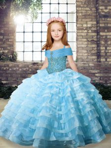 Top Selling Brush Train Ball Gowns Little Girl Pageant Dress Aqua Blue Straps Organza Sleeveless Lace Up