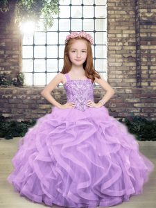 Elegant Straps Sleeveless Tulle Little Girl Pageant Dress Beading and Ruffles Lace Up