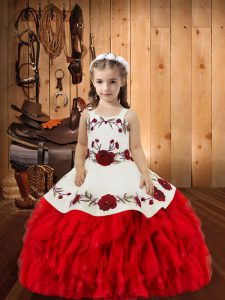 Popular Organza Straps Sleeveless Lace Up Embroidery and Ruffles Little Girls Pageant Dress Wholesale in Red