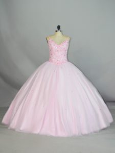 Dramatic Baby Pink Sleeveless Beading and Lace Floor Length Quinceanera Dresses