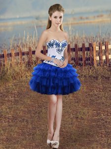Luxury Royal Blue Ball Gowns Embroidery and Ruffled Layers Lace Up Organza Sleeveless Mini Length