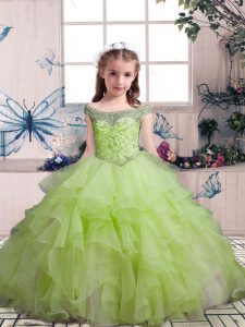  Yellow Green Kids Formal Wear Party and Military Ball and Wedding Party with Beading and Ruffles Off The Shoulder Sleeveless Lace Up