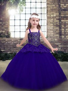  Purple Tulle Lace Up Kids Pageant Dress Sleeveless Floor Length Beading