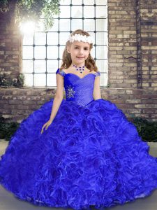  Royal Blue Sleeveless Floor Length Beading Lace Up Little Girls Pageant Dress Wholesale