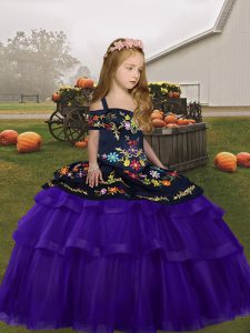  Floor Length Lace Up Kids Formal Wear Purple for Party and Wedding Party with Embroidery and Ruffles
