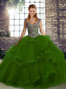  Green Lace Up Quince Ball Gowns Beading and Ruffles Sleeveless Floor Length