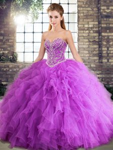 Lavender Tulle Lace Up 15th Birthday Dress Sleeveless Floor Length Beading and Ruffles