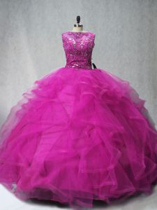  Fuchsia Ball Gowns Tulle Scoop Sleeveless Beading and Ruffles Lace Up Quinceanera Dresses Brush Train
