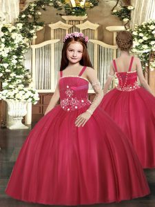 Popular Red Ball Gowns Tulle Straps Sleeveless Beading Floor Length Lace Up Little Girl Pageant Dress