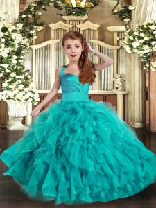 Beauteous Aqua Blue Ball Gowns Straps Sleeveless Tulle Floor Length Lace Up Ruffles Pageant Gowns For Girls