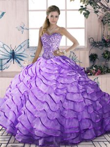 Perfect Lavender Sleeveless Beading and Ruffled Layers Floor Length Sweet 16 Quinceanera Dress