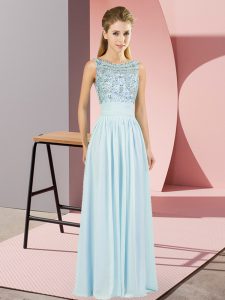Exquisite Light Blue Empire Beading Prom Dress Backless Chiffon Sleeveless Floor Length