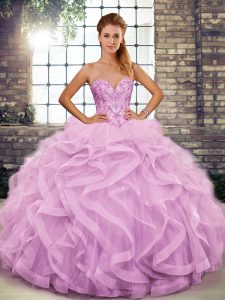 Affordable Lilac Sweetheart Neckline Beading and Ruffles Sweet 16 Dress Sleeveless Lace Up