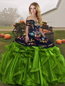  Sleeveless Organza Floor Length Lace Up Sweet 16 Dresses in Green with Embroidery and Ruffles
