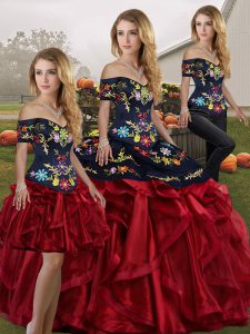 Modest Floor Length Lace Up Quinceanera Gown Red And Black for Military Ball and Sweet 16 and Quinceanera with Embroidery and Ruffles