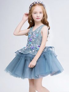  Grey Tulle Lace Up V-neck Sleeveless Mini Length Flower Girl Dresses for Less Lace and Appliques