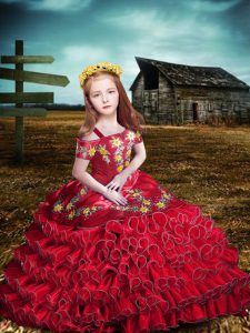  Off The Shoulder Short Sleeves Lace Up Pageant Gowns For Girls Red Organza