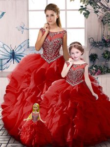 Free and Easy Ball Gowns Quinceanera Dress Red Off The Shoulder Organza Sleeveless Floor Length Zipper
