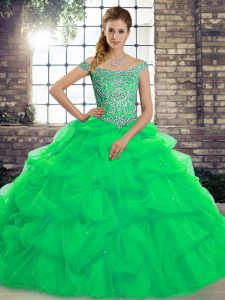  Sleeveless Brush Train Beading and Pick Ups Lace Up Quinceanera Gowns