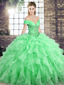 Fancy Apple Green Lace Up Off The Shoulder Beading and Ruffles Quinceanera Gowns Organza Sleeveless Brush Train