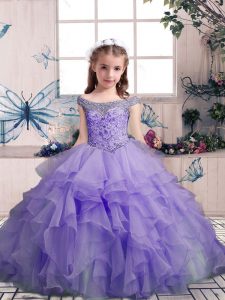  Lavender Lace Up Off The Shoulder Beading and Ruffles Little Girls Pageant Gowns Organza Sleeveless