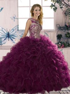 Inexpensive Dark Purple Sleeveless Organza Lace Up Sweet 16 Dress for Military Ball and Sweet 16 and Quinceanera
