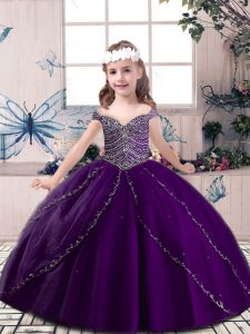  Eggplant Purple Sleeveless Beading Floor Length Little Girl Pageant Dress