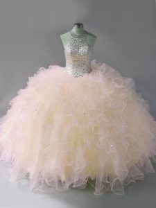 Luxurious Pink Tulle Lace Up Sweet 16 Dresses Sleeveless Floor Length Beading and Ruffles