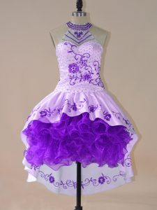 Amazing Purple Lace Up Prom Dresses Embroidery and Ruffles Long Sleeves High Low