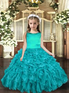  Aqua Blue Scoop Neckline Ruffles Pageant Gowns For Girls Sleeveless Lace Up